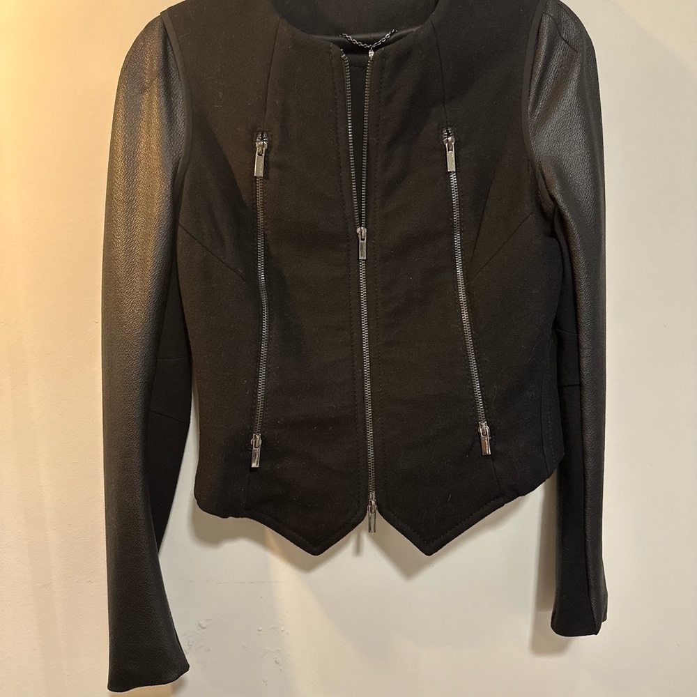 BCBGMaxAzria Black Leather Jacket with Zipper Details